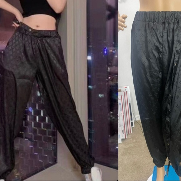 Satin Harem Trouser Running Pants, Black Jogger Track Pants, Size Medium - Picture 3 of 16